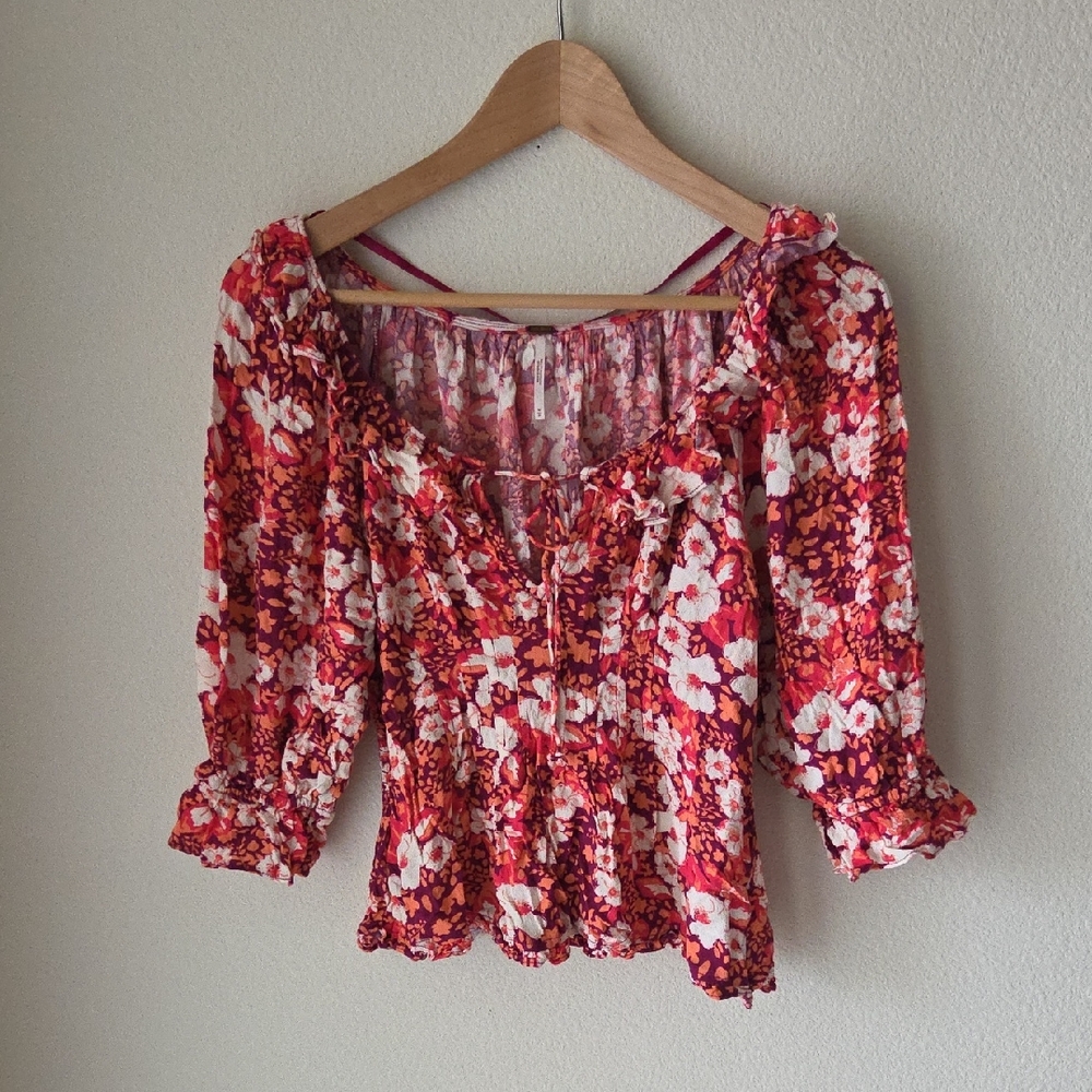 FREE PEOPLE Sweet Memories Pink Multi Floral Print Ruffled Blouse Sz M Boho - Picture 4 of 16